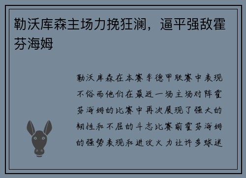 勒沃库森主场力挽狂澜，逼平强敌霍芬海姆