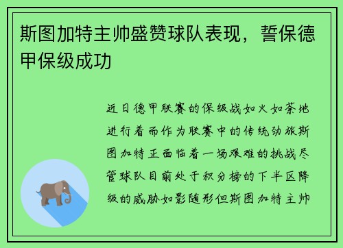 斯图加特主帅盛赞球队表现，誓保德甲保级成功