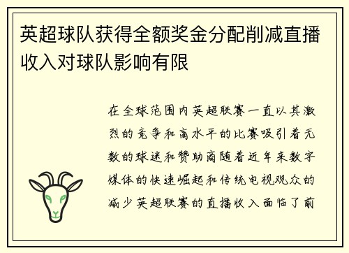 英超球队获得全额奖金分配削减直播收入对球队影响有限